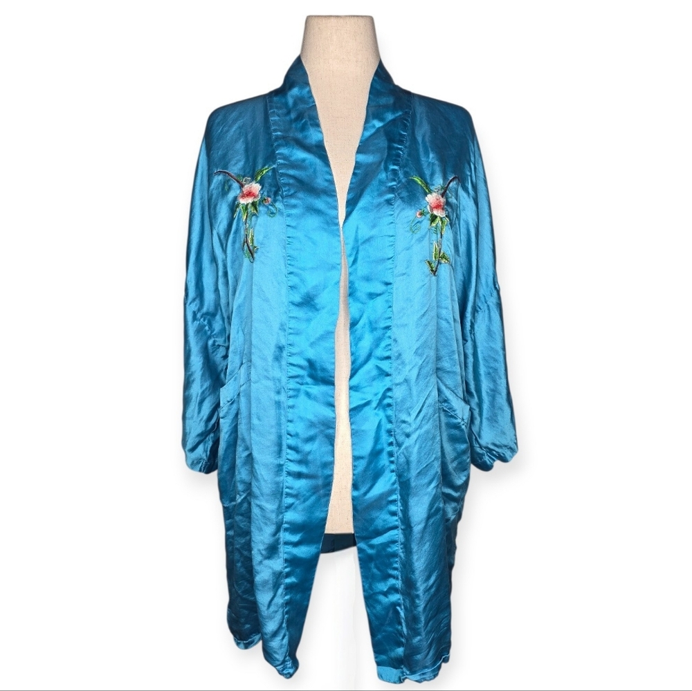 Peacock 100% Silk Teal Embroidered Kimono Jacket XL